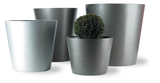 Geo Tapered Round Fiberglass Planters in four sizes with an aluminum textured finish