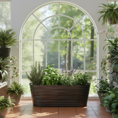 Esin planter with herbs on ground