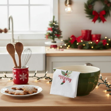 Embroidered Merry Kitchen Dish Towel in kitchen
