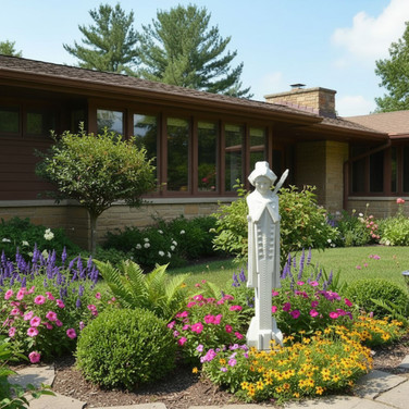 31" tall Frank Lloyd Garden Sprite with Baton in garden