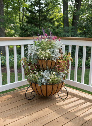 2 Tiered Cascading planter with coco liner planted on deck