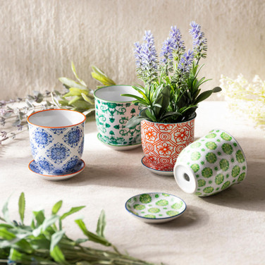 Small ceramic flower pots with saucers and drainage