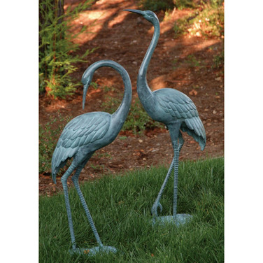 Brass Crane Pair Sculpture with verdigris finish