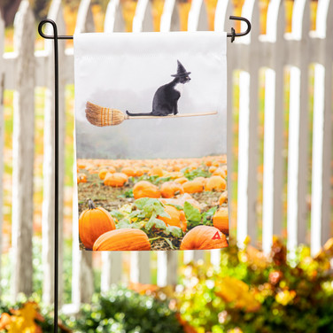 FLying Cat over Pumpkin Field garden flag