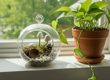 Hanging glass plant terrarium with glow-in-the-dark mushrooms