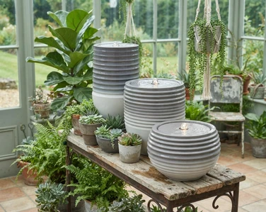 Group of all 3 tabletop fountains in sunroom