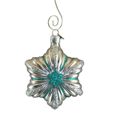 Silver Star glass ornament with turquoise center