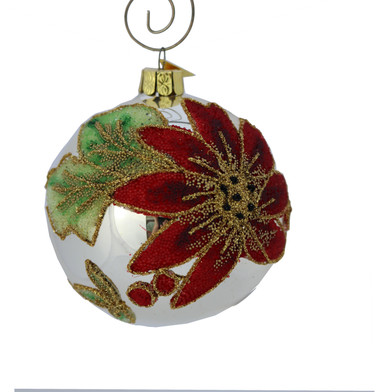 Poinsettia on Silver Ball Blown Glass Ornament