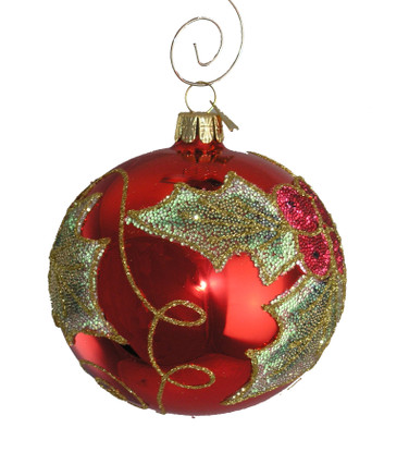 Hand-blown Glass red ball ornament with holly leaf pattern