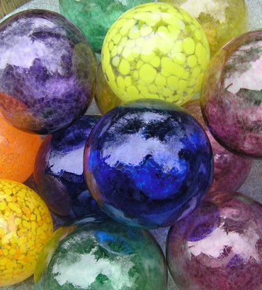 Ornamental Pond Balls in multiple colors - blue, yellow, tangerine, green, gold and purple