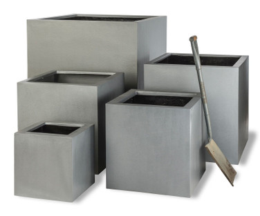 Lightweight fiberglass Cube Planters 15", 21", 28", 39" Aluminum Textured Finish