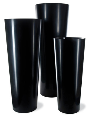 Tall Round Tapered Fiberglass Planters in a gloss black finish