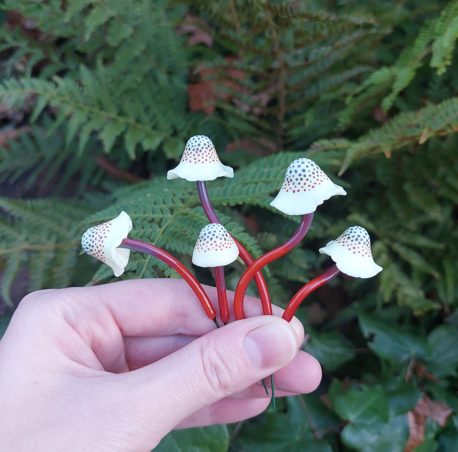 Spotted Polymer Mushrooms Set of 5 - Amber - Garden Artisans LLC