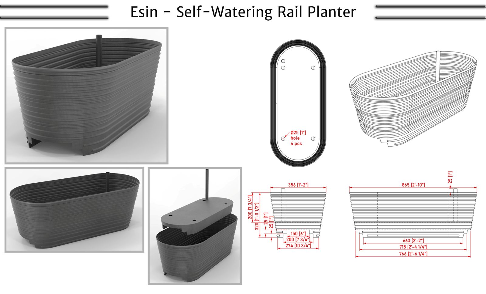 Esin Self-Watering Aluminum Deck Planter Pewter Finish
