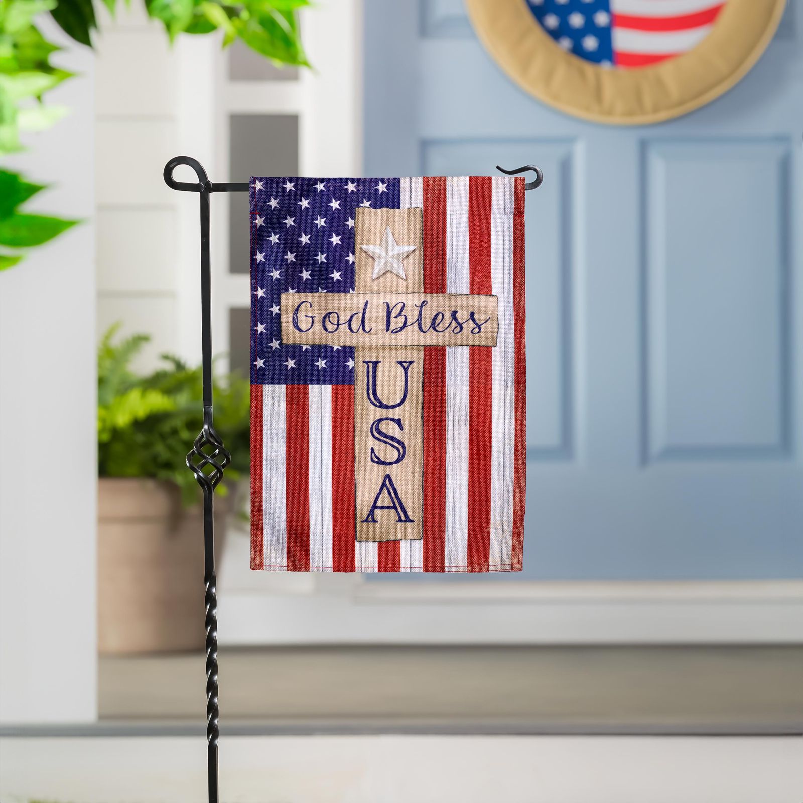 Patriotic Cross Burlap Garden Flag - Garden Artisans LLC