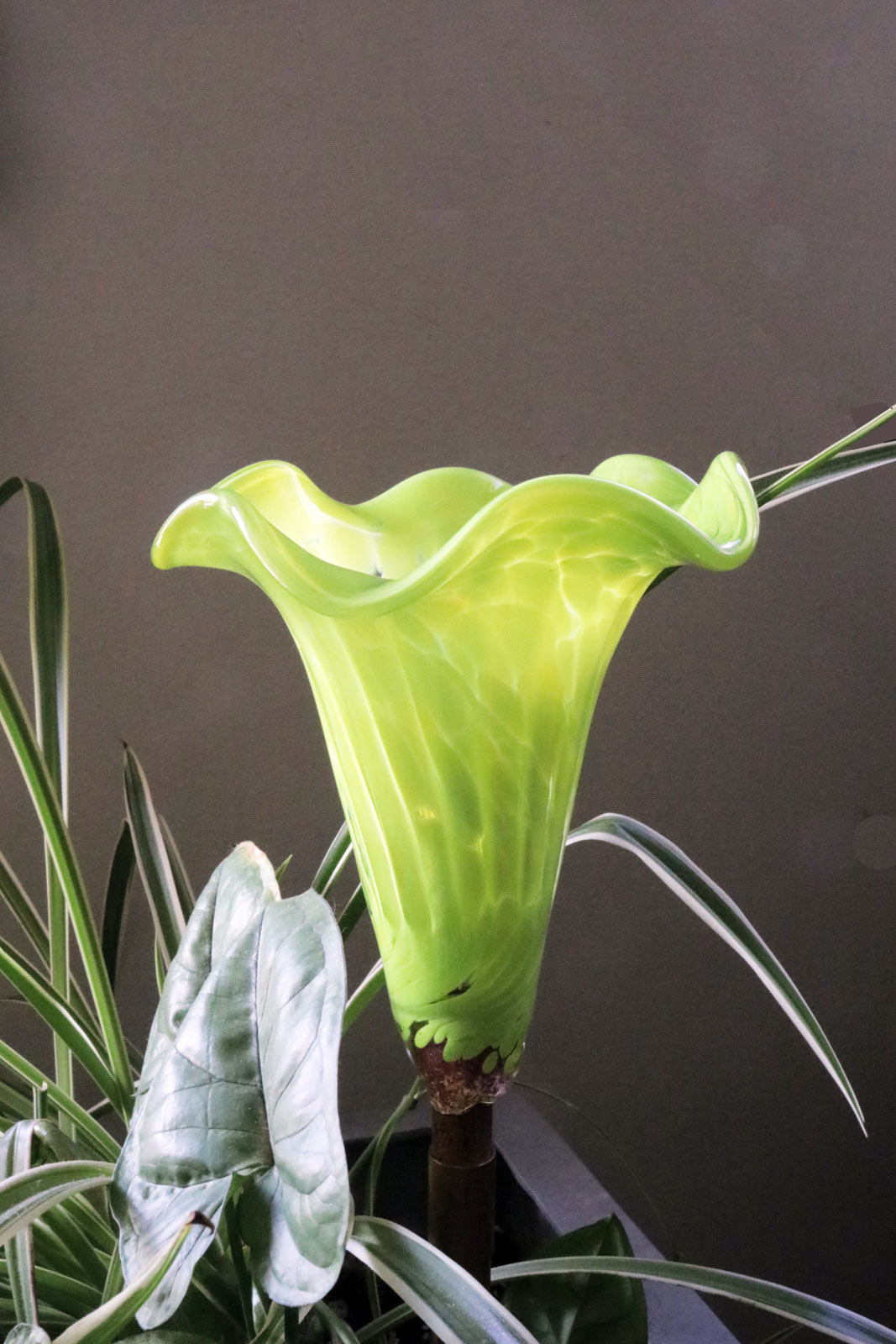 Blown Glass Water Tulip Enables Deep Watering - Lime Green or Purple/White