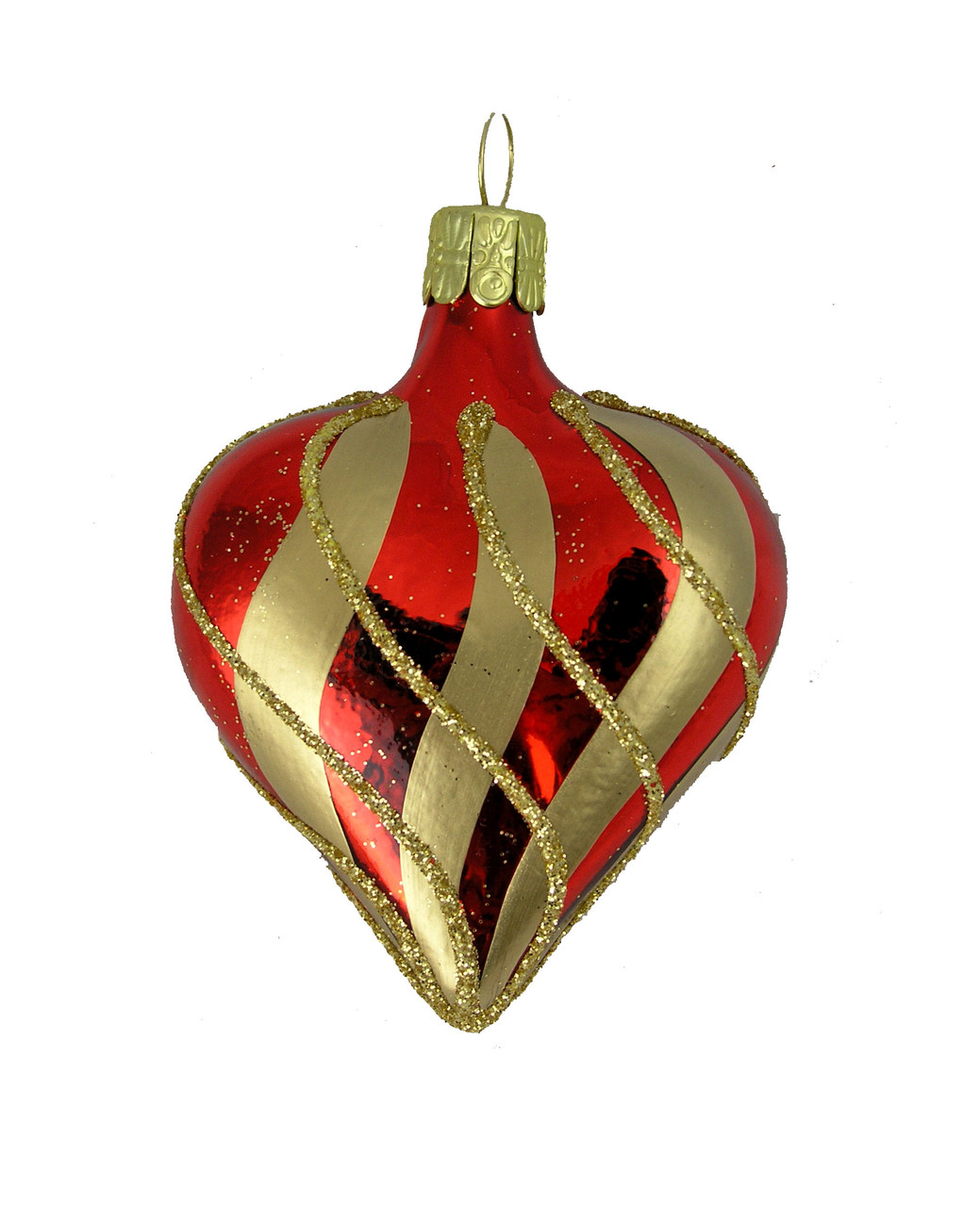 Shiny Red Heart with Gold Stripes and Glitter Blown Glass Ornament