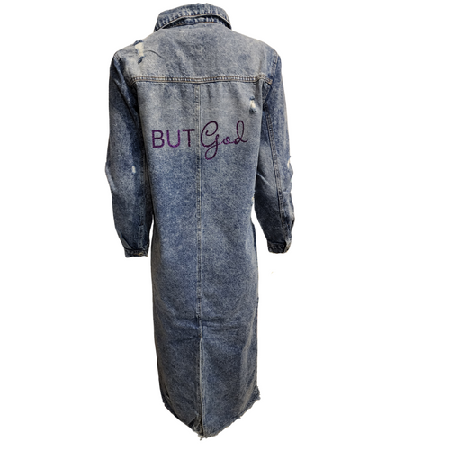 But God Maxi Distressed Denim Jacket