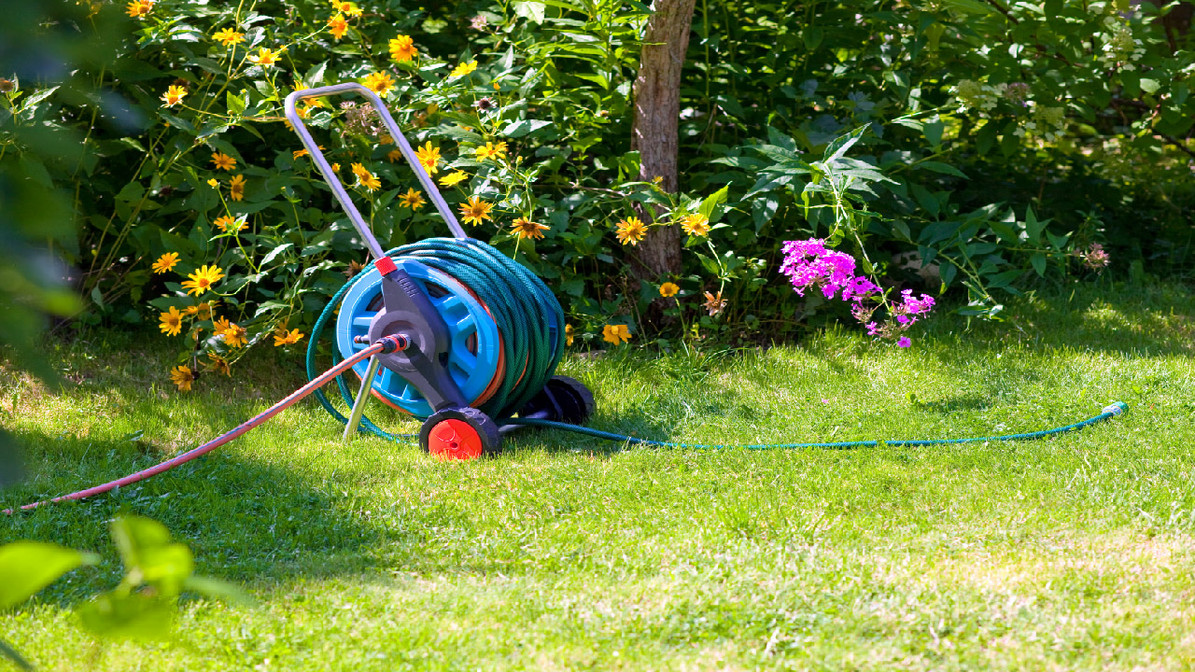 Garden Hose Reel on Dry Grass Stock Photo - Image of agriculture