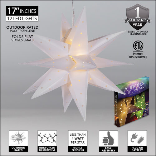 White Aurora Superstar Moravian Star Light, Fold-Flat, LED Lights