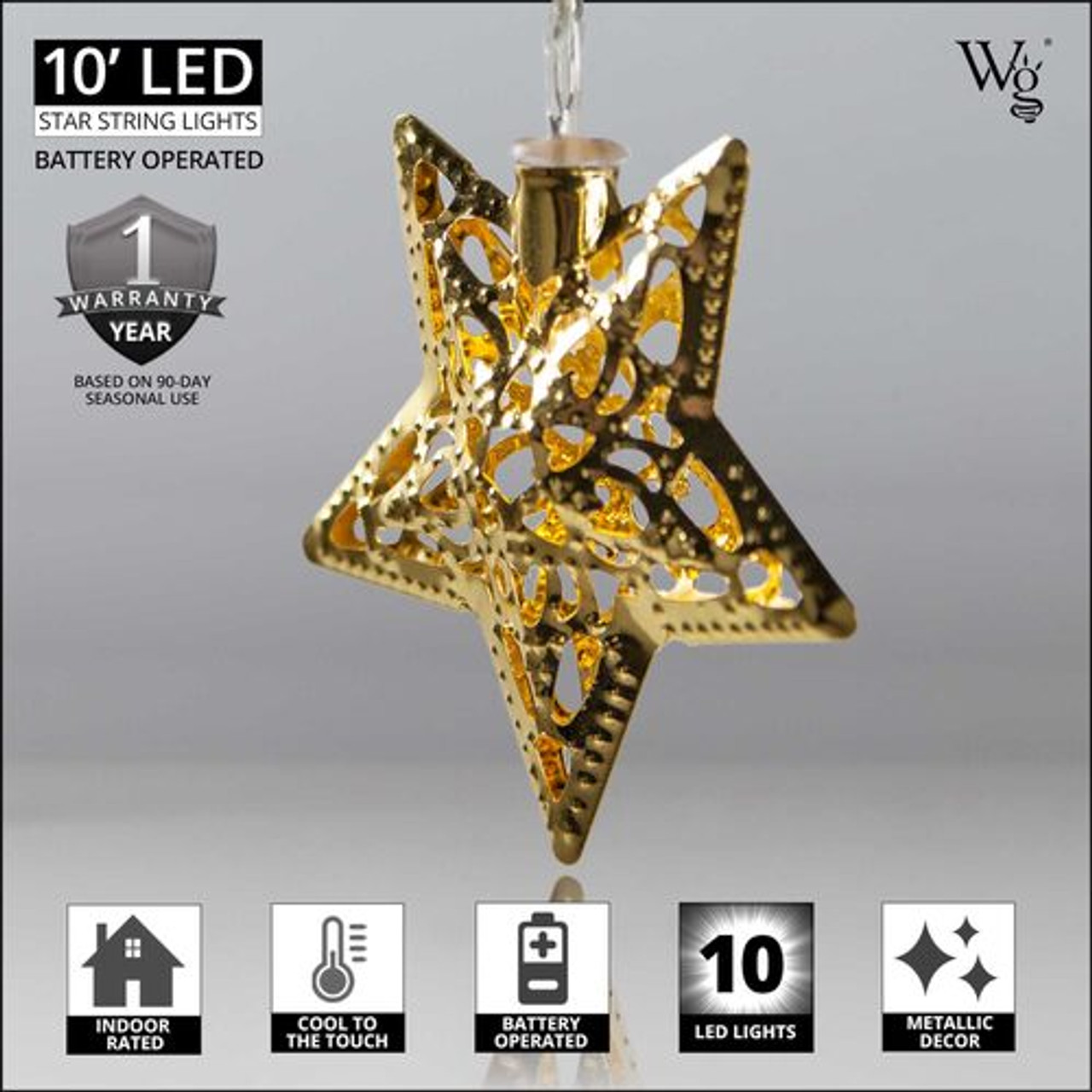 Wintergreen Lighting® 76261 - Battery Operated LED Golden Metal Star String  Lights
