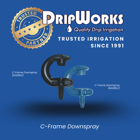 Black (MADBLK) & blue (MADBLU) C-Frame Downsprays with DripWorks' 'Trusted Partner' and 'Since 1991' branding.