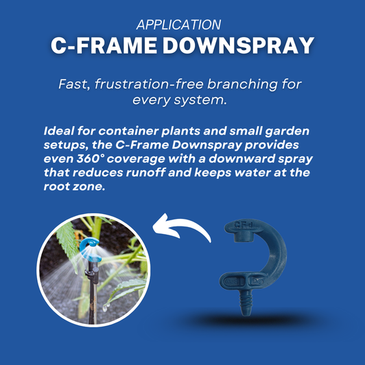 Application info for the C-Frame Downspray, showing it watering a container plant with a gentle, 360° downward spray.