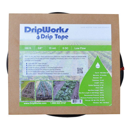 DripWorks 100' Drip Tape Low Flow 20 GPH retail packaging with green label detail MPN: P1-51517-08-0100