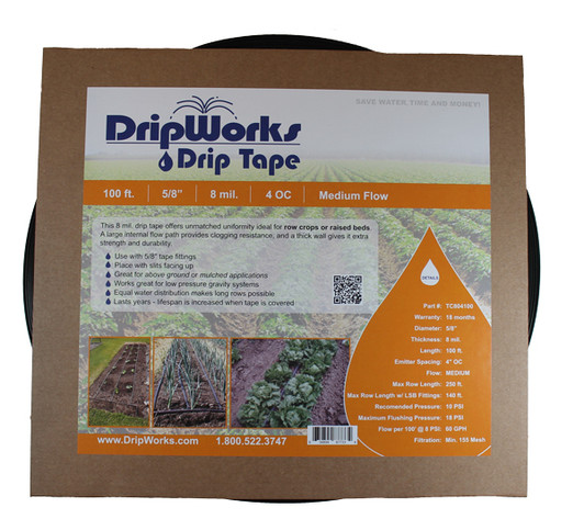 DripWorks 100' Drip Tape Medium Flow retail packaging with orange label detail MPN: Q9-50804100-0100