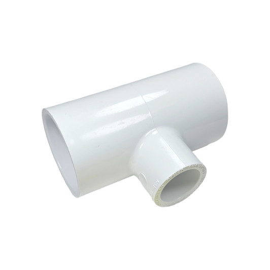 Angled view of Dura PVC Reducing Tee showing smooth interior slip connections