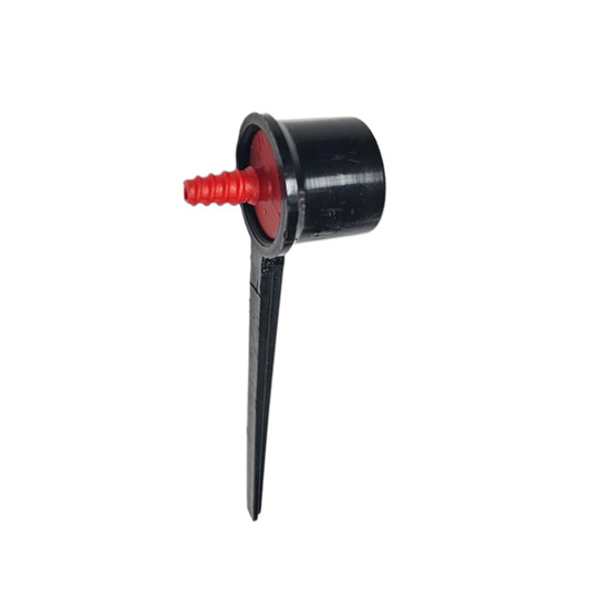 DripWorks Pot Dripper 1/2 GPH red and black staked emitter angled view