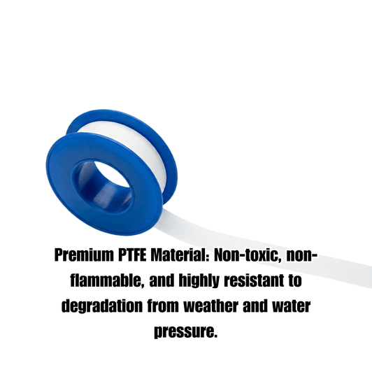 DripWorks Thread Sealant Tape infographic highlighting premium PTFE material