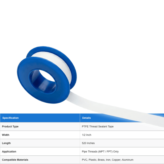 DripWorks Thread Sealant Tape shown with technical specifications table