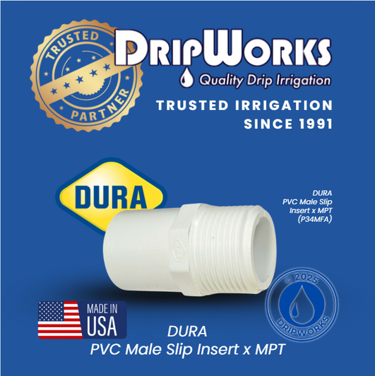 Dura 1/2" PVC Male Adapter angled view showing 1/2 inch male pipe threads MPN: 433-007