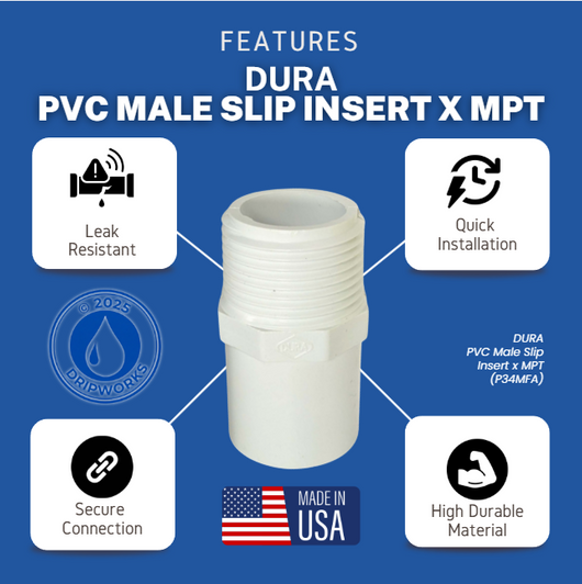 Informational graphic for Dura PVC Male Adapter showing connection to Schedule 40 pipe MPN: 433-007