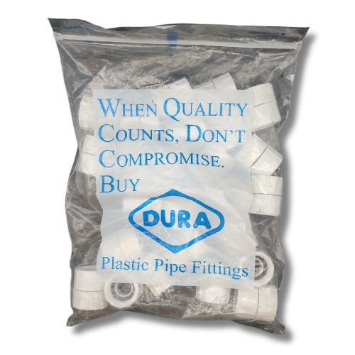 Bulk package of Dura Schedule 40 PVC fittings in clear plastic bag
