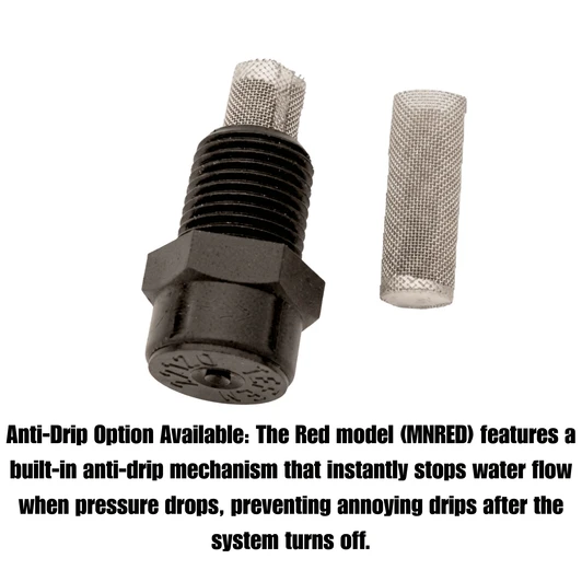 DripWorks Superfine Misting Nozzle anti-drip option available feature text