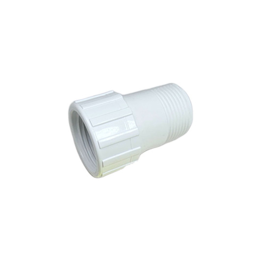 A Dura 3/4" MPT x FHT Schedule 40 PVC Swivel Adapter in white. This fitting connects a standard garden hose to a 3/4" female pipe threaded (FPT) PVC fitting.