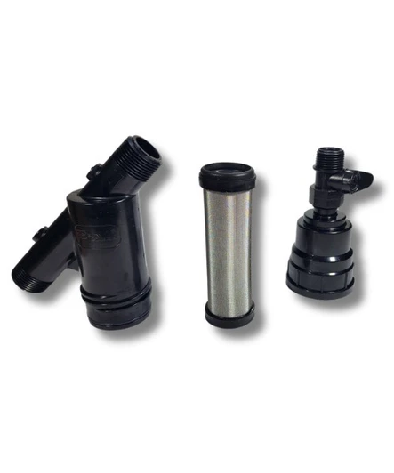 Jain Spin Clean Filter disassembled showing body, stainless screen, and flush cap.