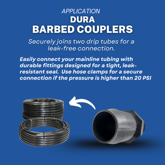Informational graphic for Dura Barbed Coupler showing easy connection to poly tubing