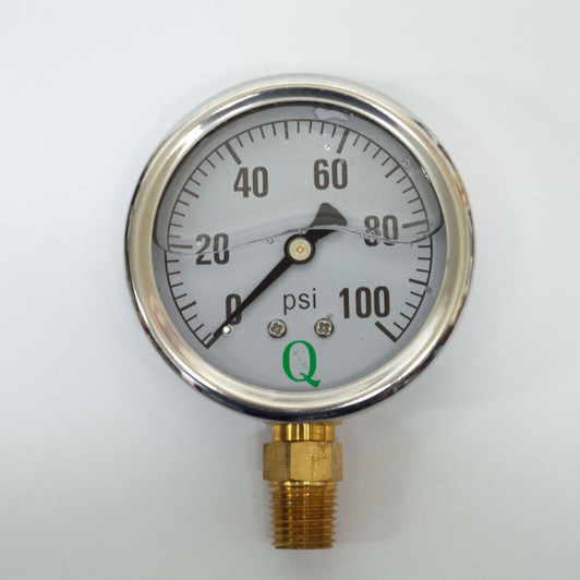 DripWorks 1/4" Liquid Filled Pressure Gauge straight front profile with brass MPT base