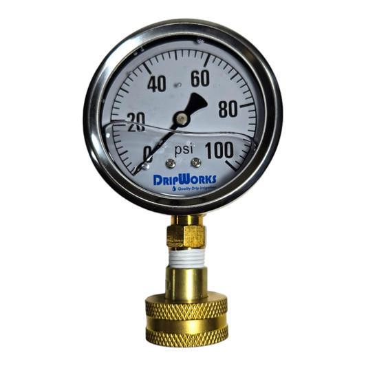 DripWorks Liquid Filled Gauge straight front profile with brass adapter MPN: PGH