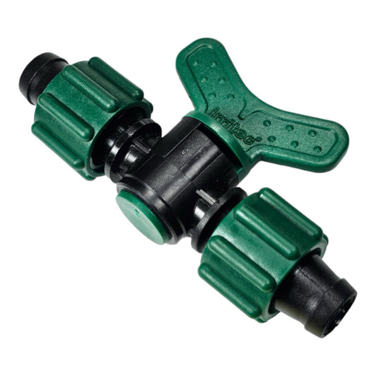 An angled, high-view photo of the Irritec Easy-Loc 5/8" valve (A2-TV55) for drip tape irrigation control.