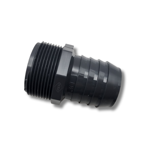 Dura Barb x MPT Adapter angled view showing barbed and threaded ends MPN: BMP1-10