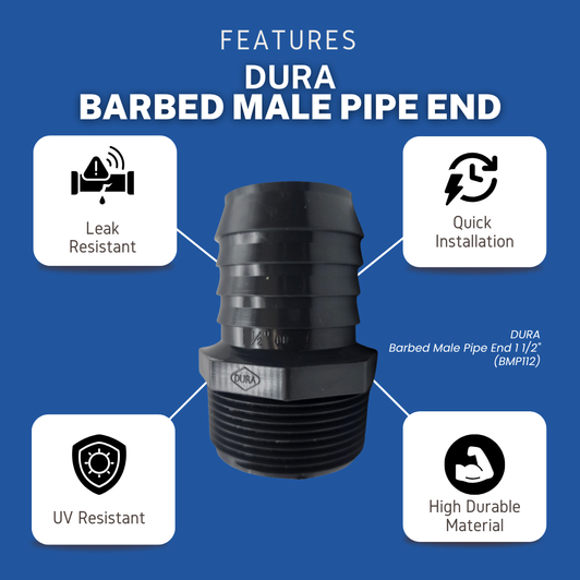 Dura Barb x MPT Adapter features infographic showing UV resistance and easy installation MPN: BMP1-10