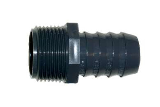 A side-profile photo of the 1" Dura Schedule 40 Barbed Male Adapter (1436-010) on a white background.