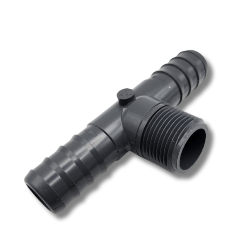 Angled view of Dura 3/4" Insert x 1/2" Male Pipe Thread combination tee MPN: 1401-101