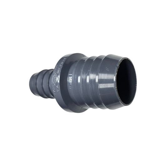 A front-angled view of the 1" x 3/4" Schedule 40 PVC barbed reducer, part number 436-010-007. The sharp barbs ensure a tight, leak-proof seal when stepping down pipe sizes in an irrigation system.