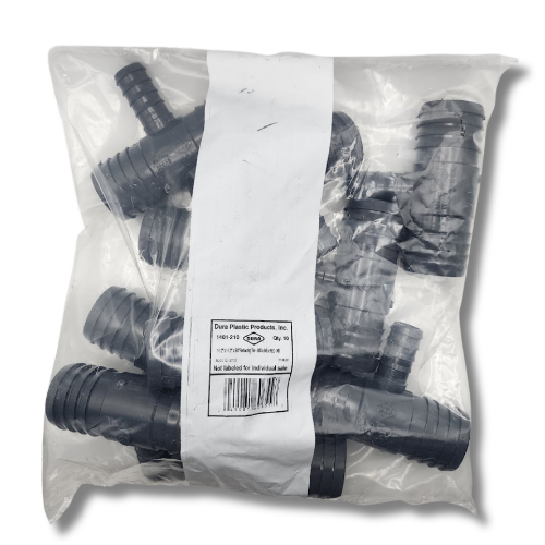 Bulk package of Dura Barbed Reducing Tees in clear plastic bag