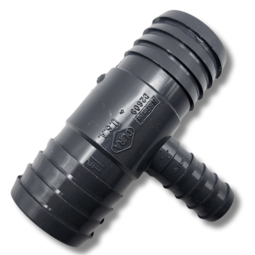 Dura Barbed Reducing Tee angled view showing main run and smaller branch outlet